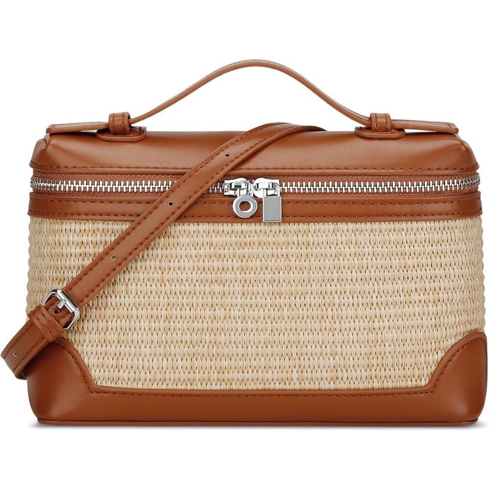 Straw Crossbody Bag Women's Summer Purse with Zipper and Adjustable Belt